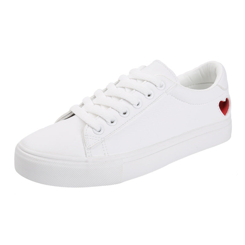 Women Leather Shoes - Ladies Breathable Cute Heart Flats Casual Shoes White Sneakers