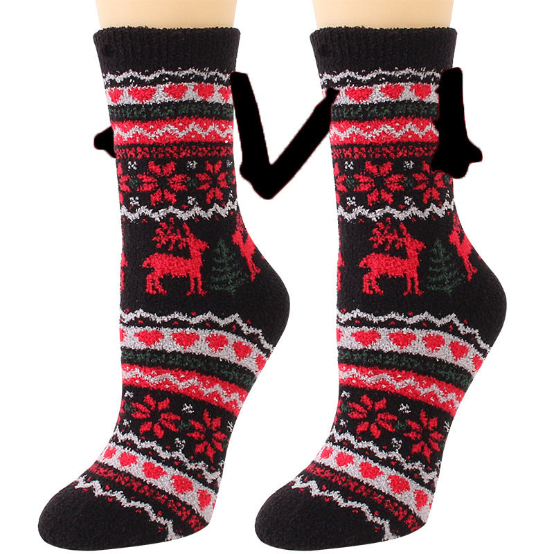 Christmas Supplies Magnetic Suction Hand In Hand Couple Socks - Coral Fleece Tube Socks Warm Slipper Bed Socks Winter Soft Warm Slipper