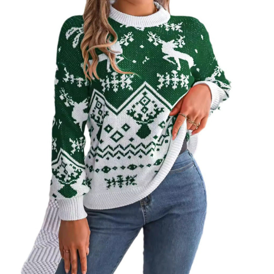 Autumn Winter Casual Deer Pattern Long Sleeve Sweater - Christmas Knitted Pullover Sweatertops
