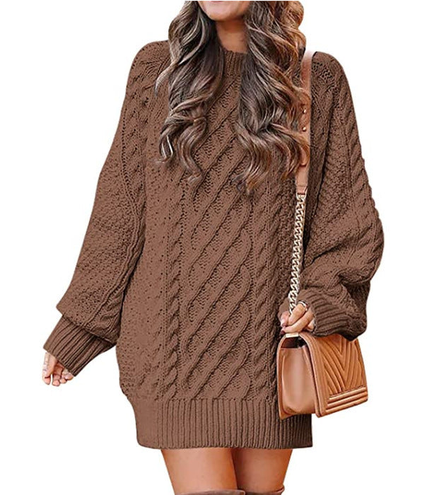 Women Round Neck Long Sleeve Twisted Knitted Sweater - Mid-length Dress Sweater