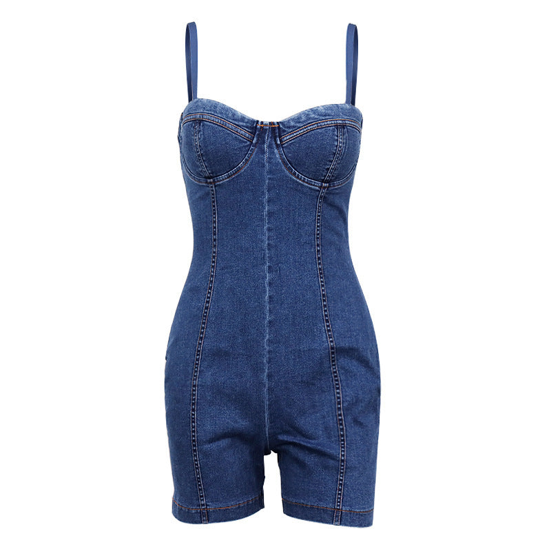Denim Tube Top Suspender Romper - Jeans Jumpsuit