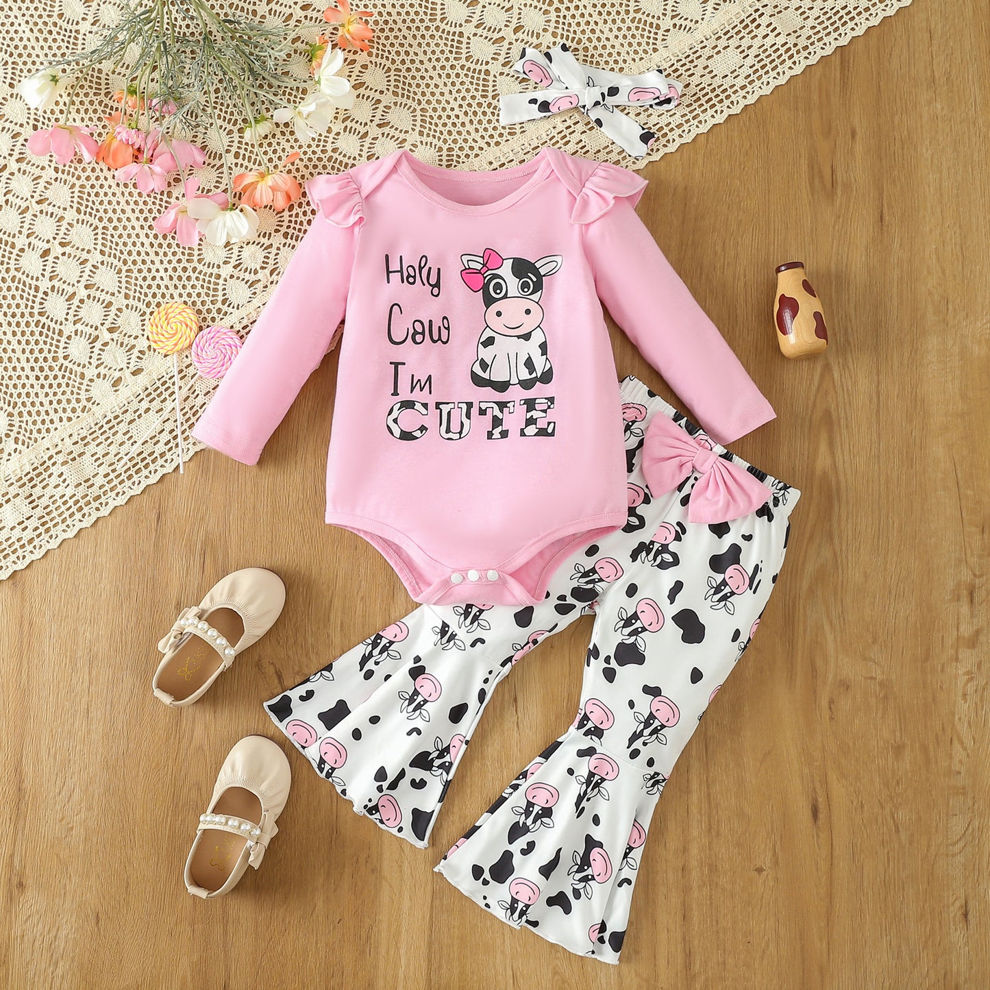 Infant Toddler Girls "Holy Cow I’m Cute" 2-Piece Outfit Set – Adorable & Playful! Infant Toddler Clothing, Girls Long-sleeve Suit - JumoShop