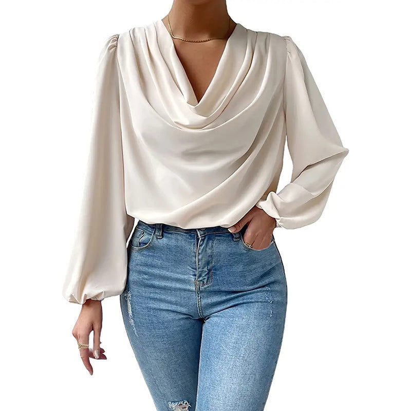 Chiffon Long Sleeved Shirt - Loose V-neck Top T-shirt Women's Clothing