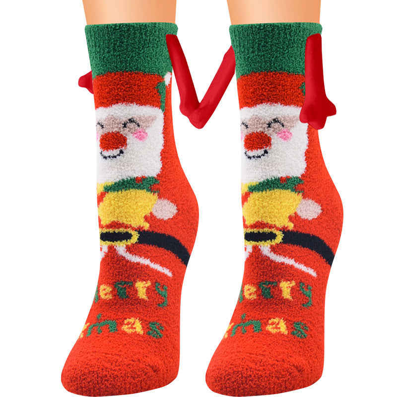 Christmas Supplies Magnetic Suction Hand In Hand Couple Socks - Coral Fleece Tube Socks Warm Slipper Bed Socks Winter Soft Warm Slipper