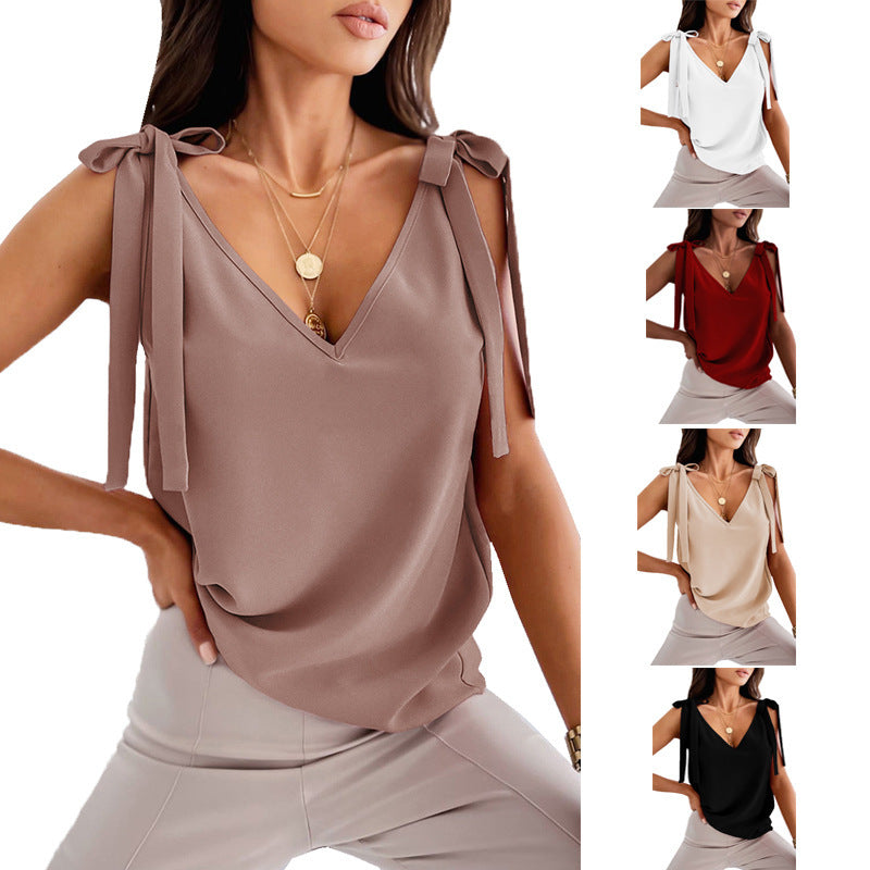 Chic Satin Bowknot Camisole – Effortless Elegance for Every Occasion ✨ Bowknot Tie Up Camisole V-neck Shirts Women Summer Sleeveless Tank Tops - JumoShop