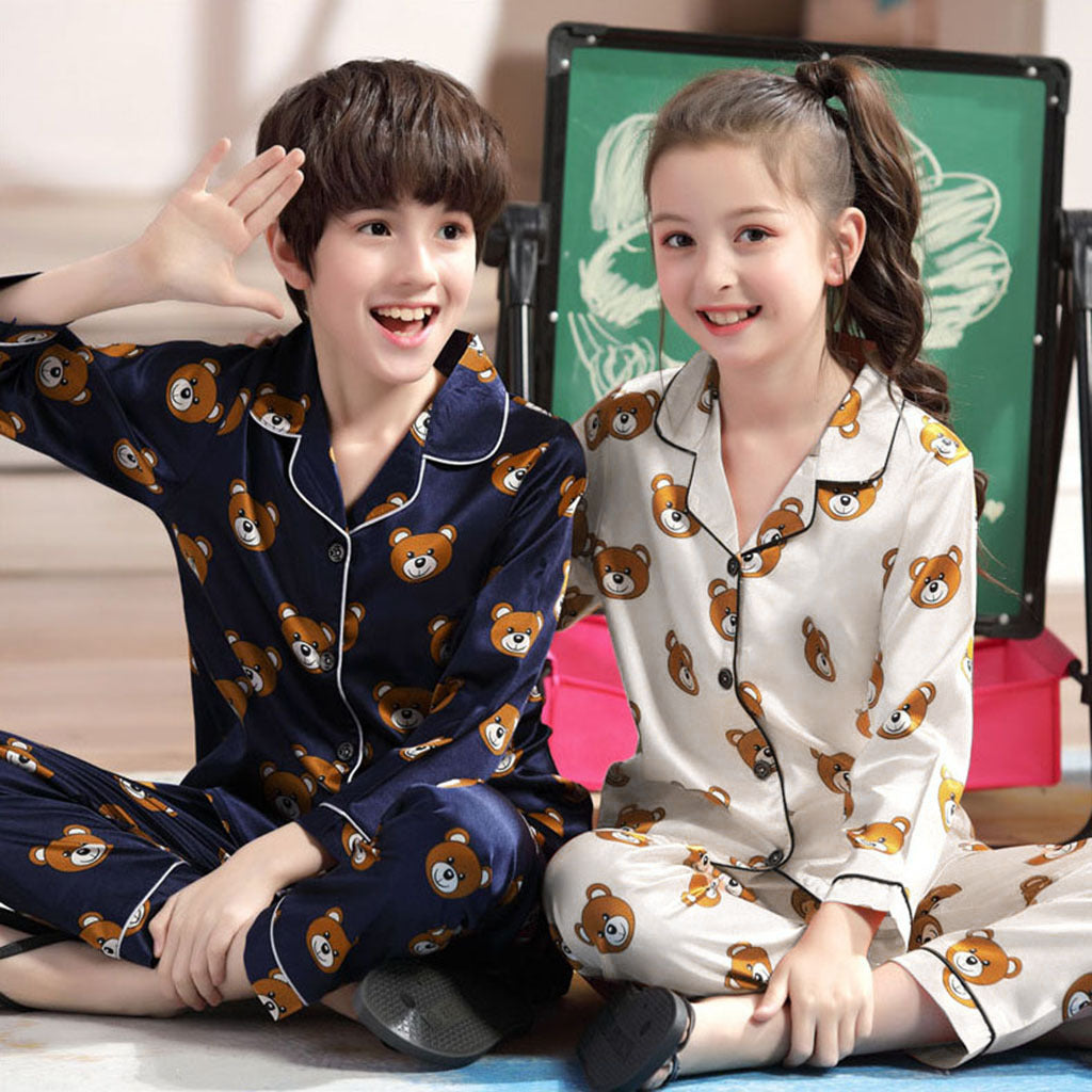 Long Sleeve Ice Silk Bear Pajamas Set - Pajamas For Boys and Girls