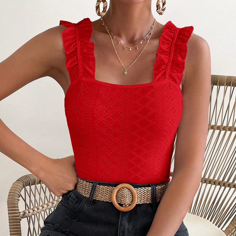 Boho Chic Square Neck Tank Top - Women Sleeveless Tank Tops Ruffle Strap Square Neck Eyelet Blouse Slim Fit