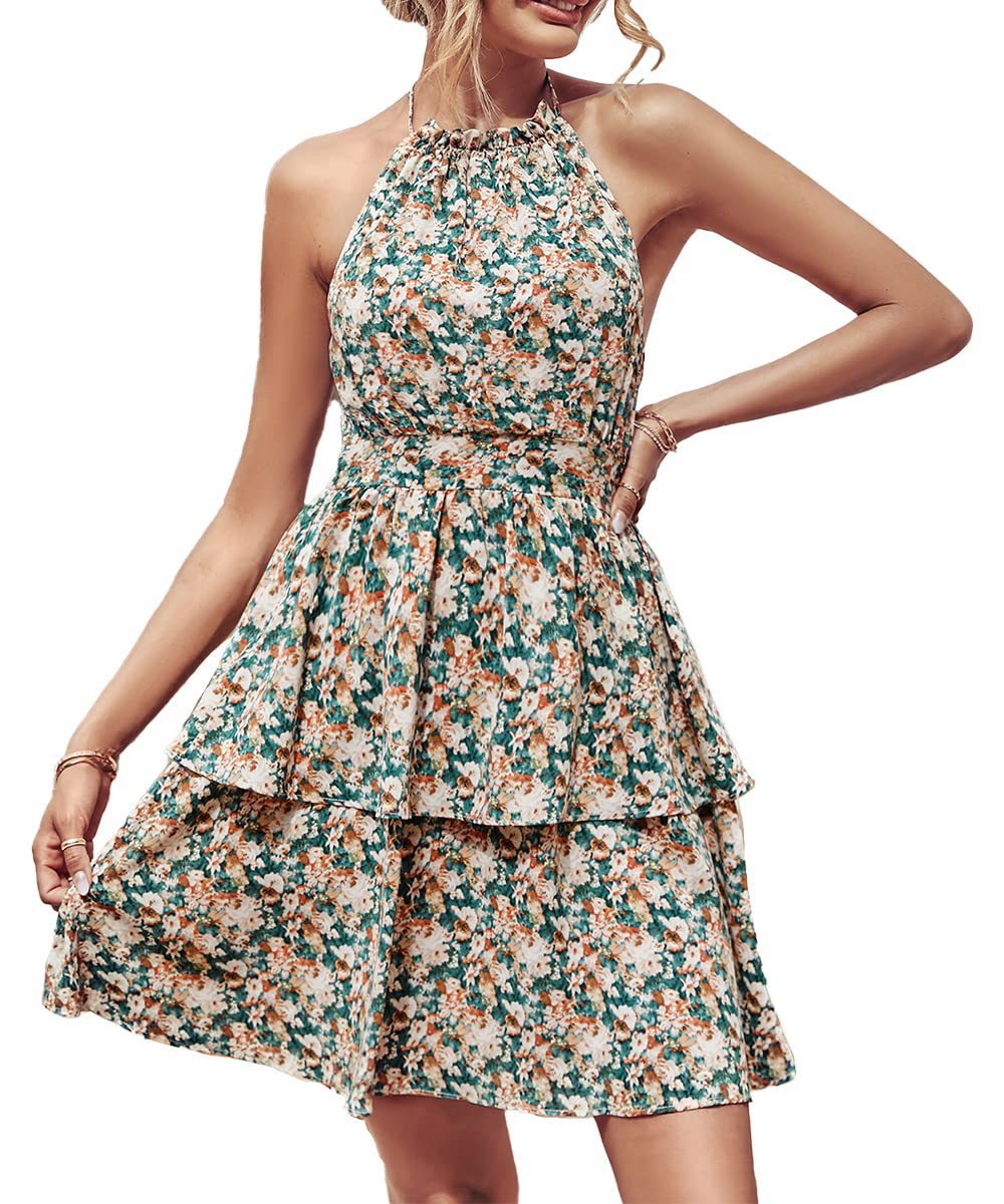 Summer Printed Halter Backless Ruffled A-Line Beach Dresses