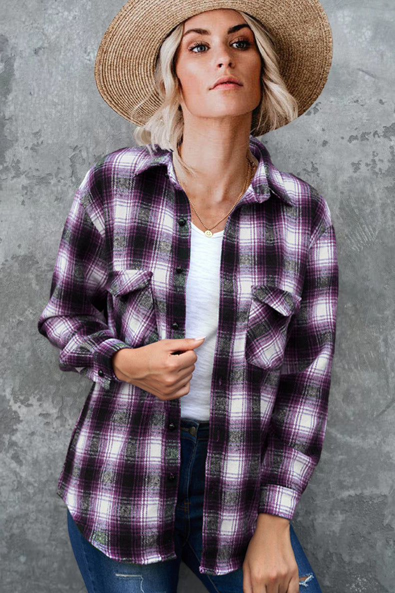 Plaid Spring Mid-length Loose Blouse - Turndown Collar Shirt Clothing