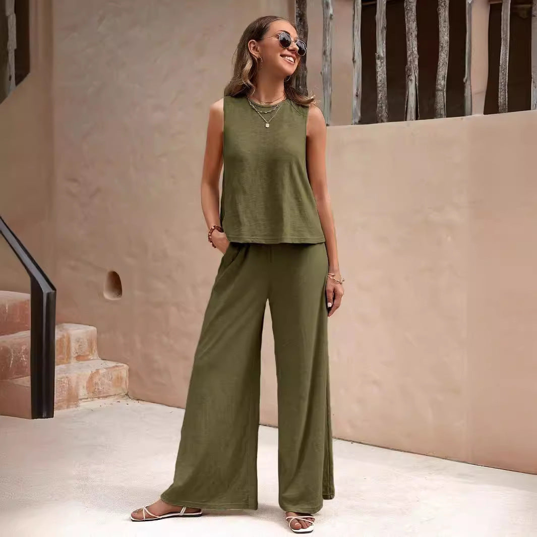 Solid Color Casual Loose Pants Sets For Women - Elegant Spring Summer Women's Two Pieces Suit Full Trouser Set Female Outfit Clothes