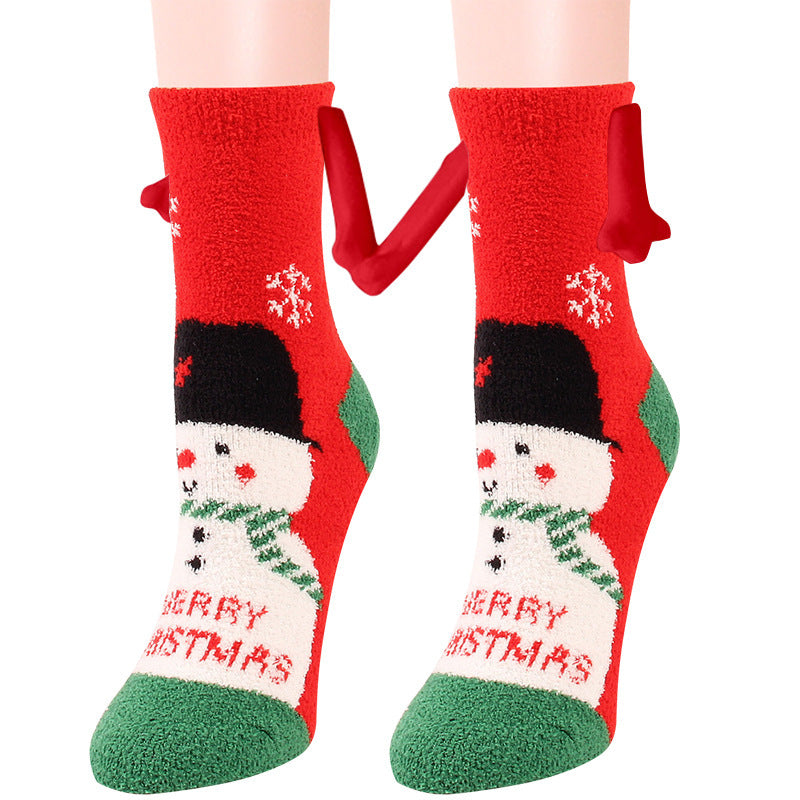 Christmas Supplies Magnetic Suction Hand In Hand Couple Socks - Coral Fleece Tube Socks Warm Slipper Bed Socks Winter Soft Warm Slipper