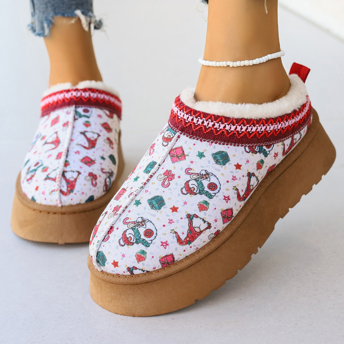 Women's Cartoon Christmas Print Ankle Boots - Casual Slip On Plush Lined Home Shoes Comfortable Winter Short Boots