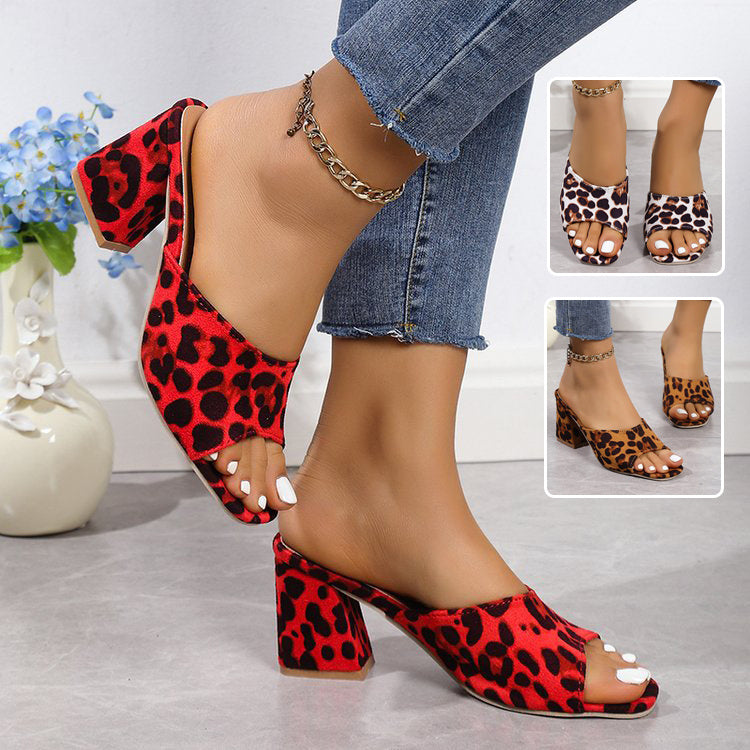 Leopard Square Toe Sandals -- Summer High-heeled Slippers Chunky Heel Shoes For Women