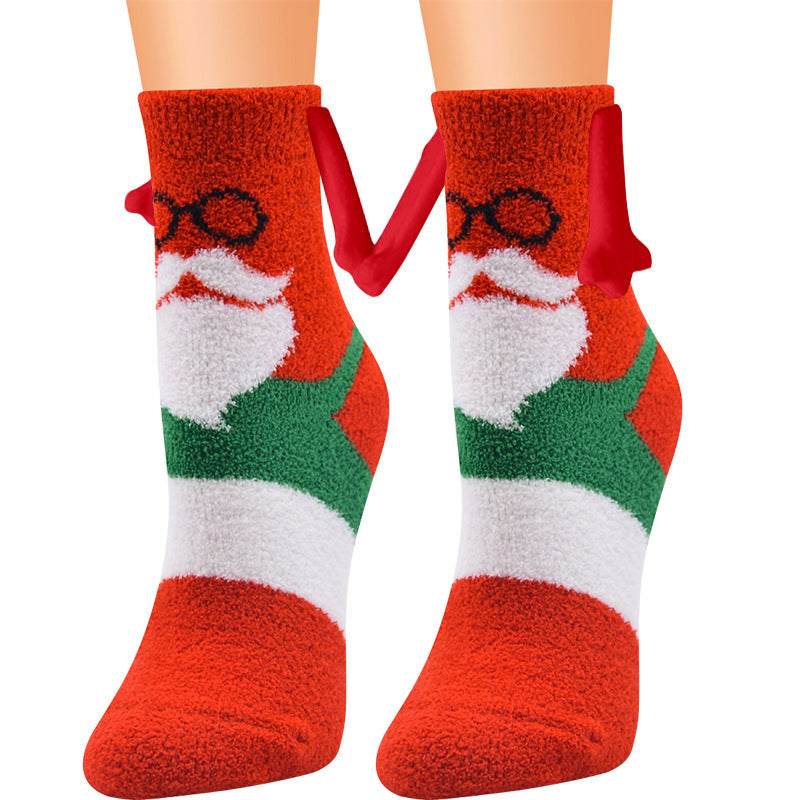 Christmas Supplies Magnetic Suction Hand In Hand Couple Socks - Coral Fleece Tube Socks Warm Slipper Bed Socks Winter Soft Warm Slipper