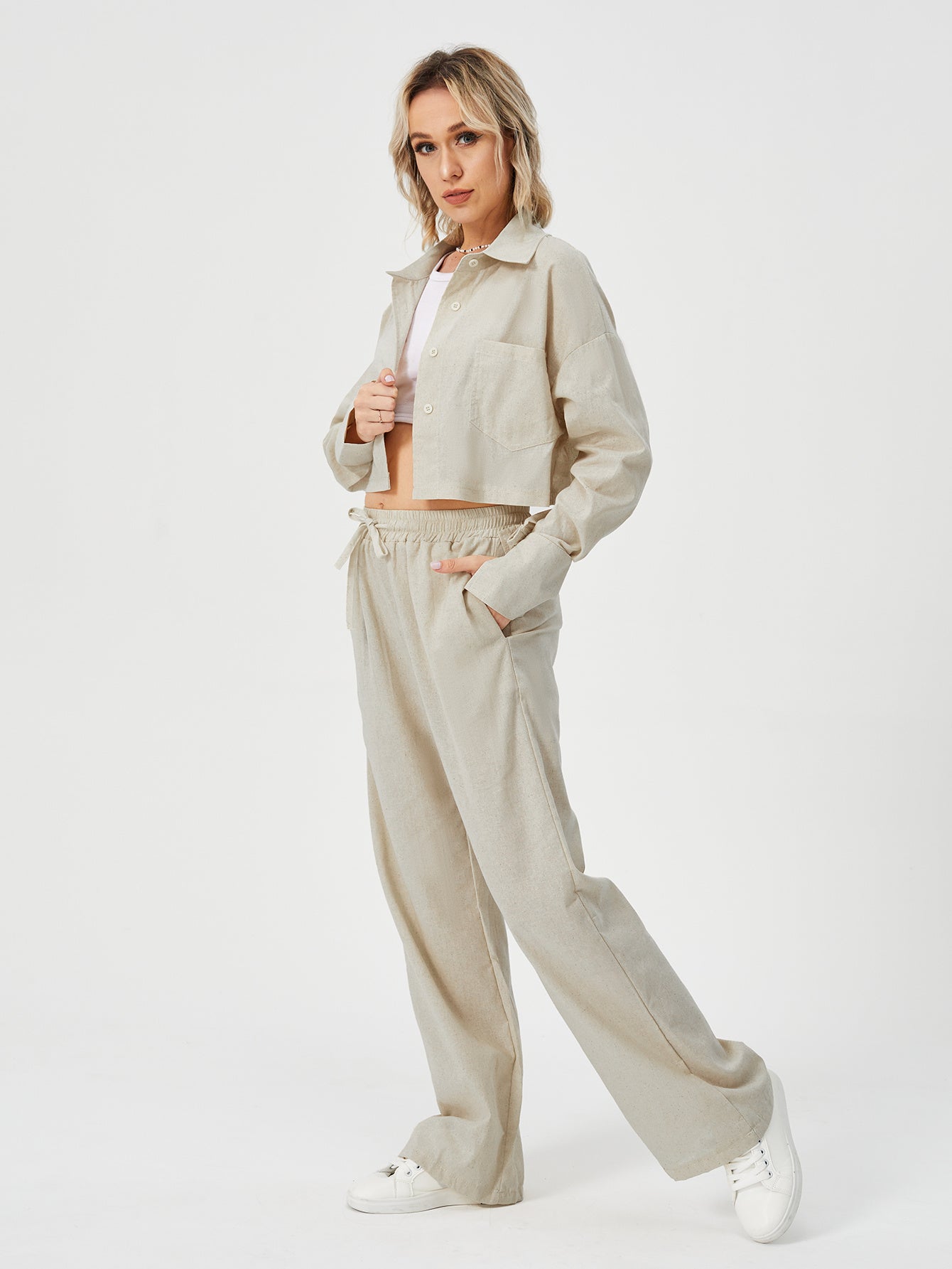 Women Two Piece Loungewear - Women Long Sleeve Button Down Wide Leg Pajama Set