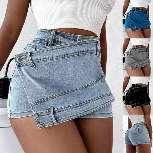 Y2K Street Vintage Denim Shorts - Stretch Overlap Waist Wrap Solid Asymmetrical Hem A-Line Skinny Mini Skorts Skirt