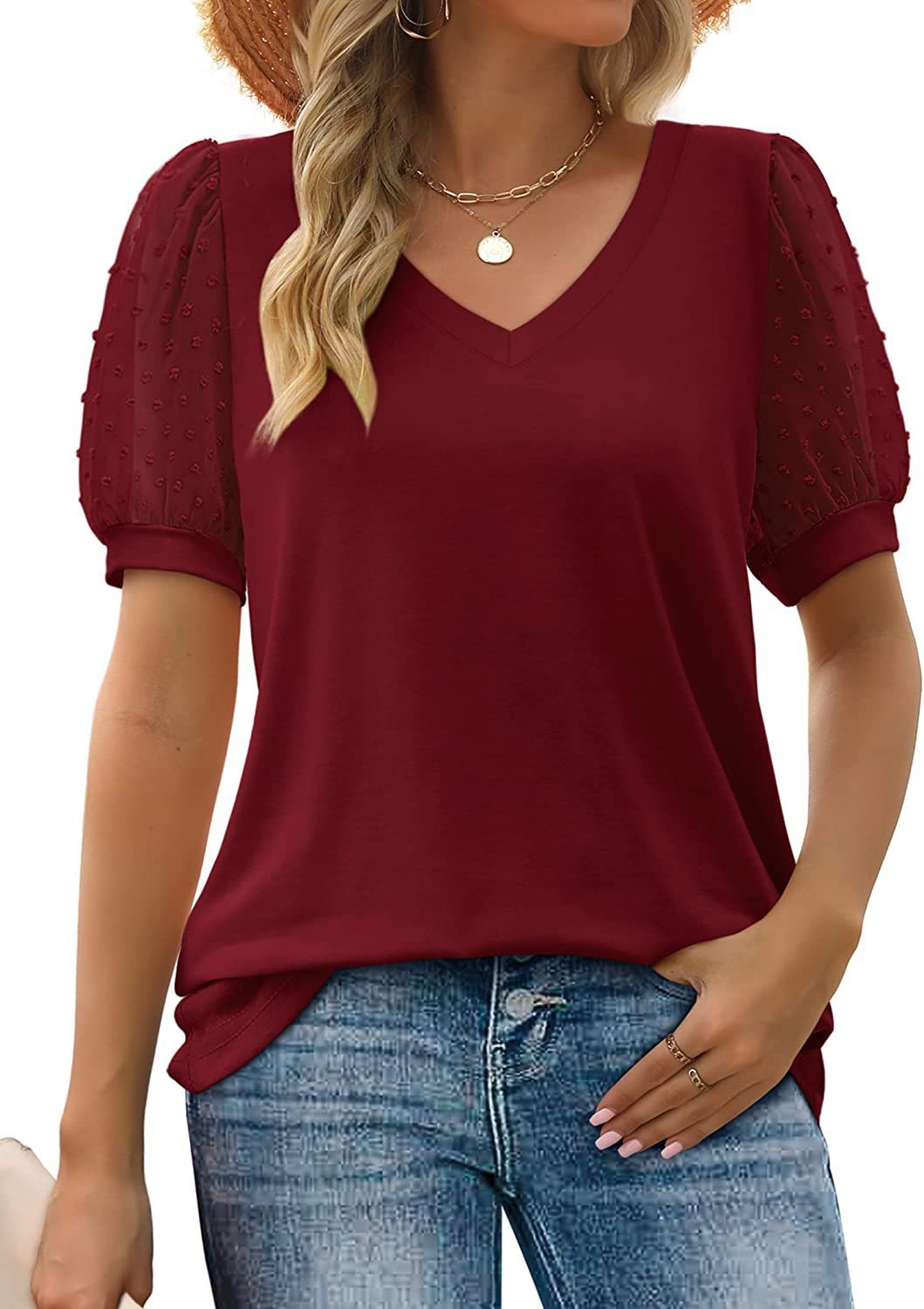 Women Summer Tops V Neck T Shirts - Dot Puff Sleeve Tops Loose Casual Tshirts