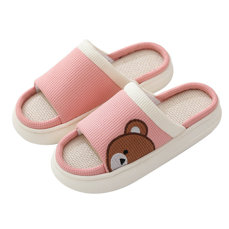 Cute Cartoon Bear Linen Slippers For Women -- Indoor Non-slip Sweat-absorbent Breathable Slip On Floor Bedroom Slipper House Shoes
