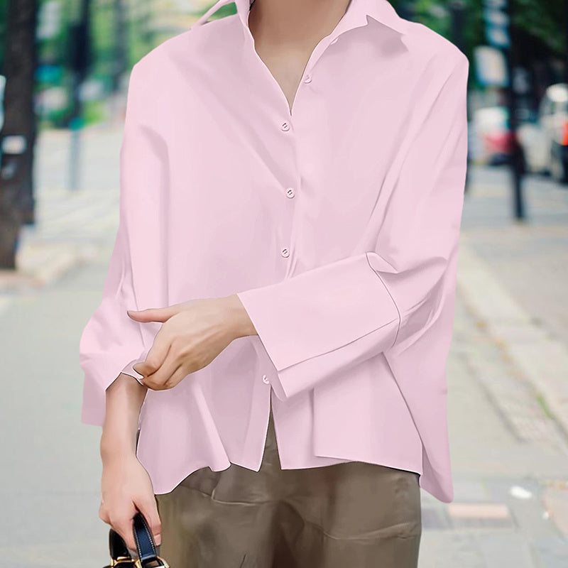 Women's Solid Color Fashion V-Neck Blouse - Puff Sleeve Button-Down Long-sleeved Shirts For Spring & Fall
