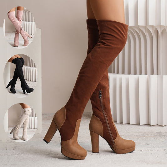 Long Boots For Women - Elastic Suede High Square Heel Over-the-knee Boots Fashion Party Shoes Winter