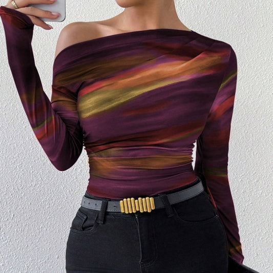 Elegant Abstract Off-Shoulder Top – Chic & Artistic Statement Piece! Print Long Sleeve T-Shirt Graphic Tees Women Tops - JumoShop