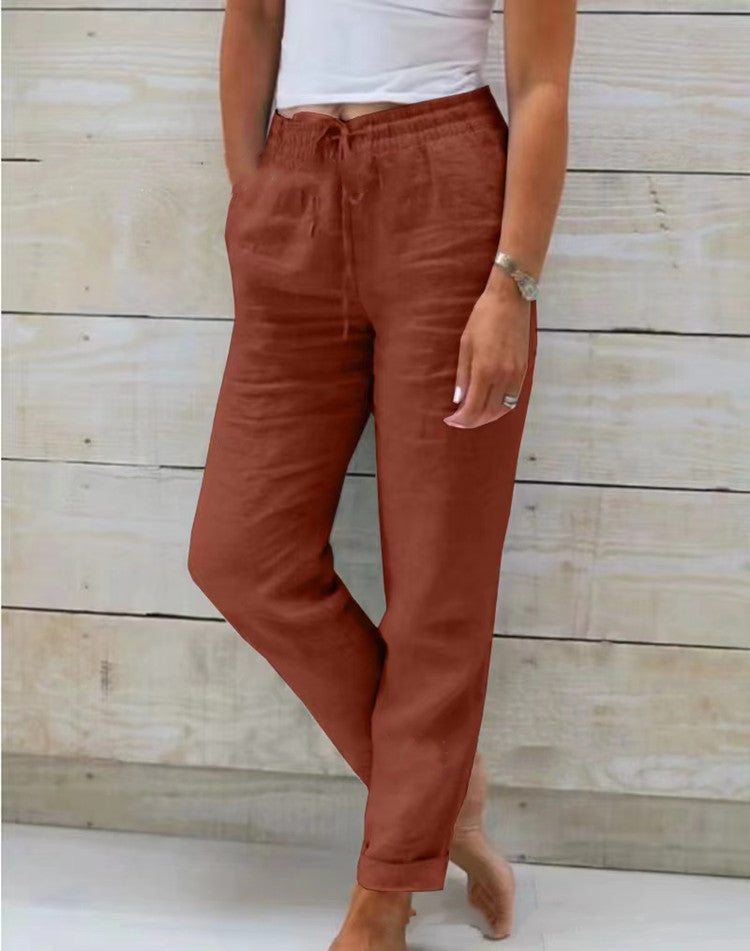 Cotton And Linen Women's High Waist Elastic Pant - Waist Solid Color Cotton And Linen Casual Pants