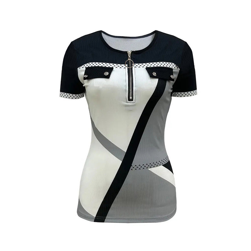 Women's Color Block Zipper T-Shirt - Casual Short Sleeve Summer Top Asymmetric solid Color Casual T shirt With Zipper