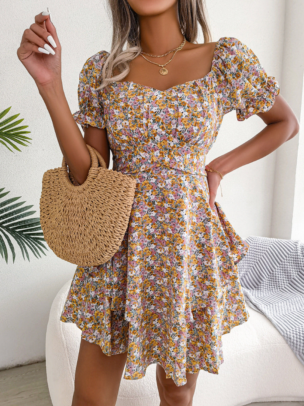 Women Mini Dress - Temperament Big Swing Loose Hem Flower Print Shirring Dress Up Short Sleeves High Waist Summer Dress Clothes