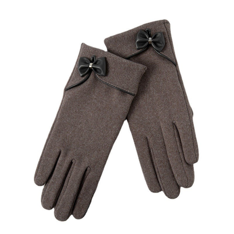 Fleece-Lined De Suede Bow Gloves - Touch Screen Warm Outdoor All-matching