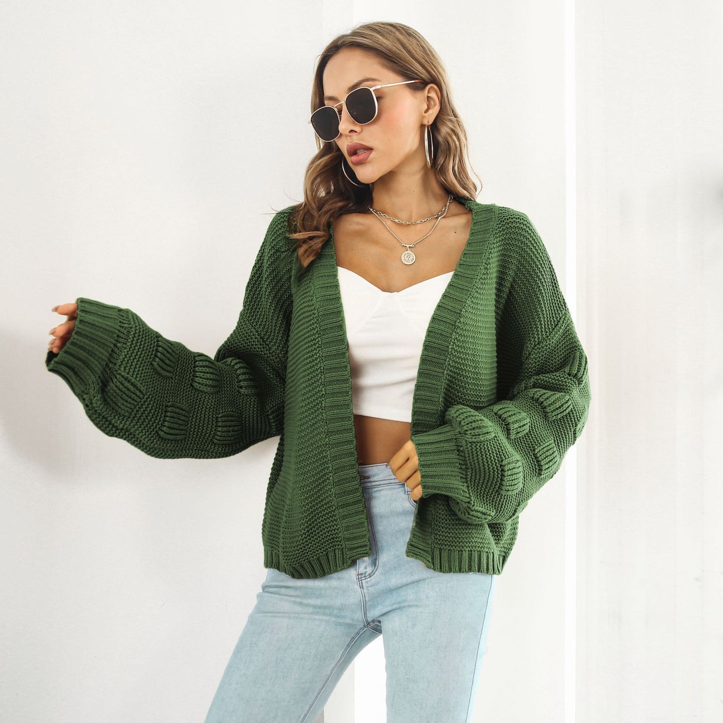 Puff Sleeve Cardigan Sweater - Women Clothes Front Chunky Knitwear Coat