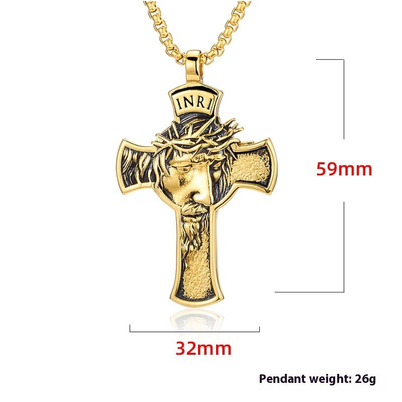 Stainless Steel Cross Shelf Head Pendant Necklace - Personality Retro Men