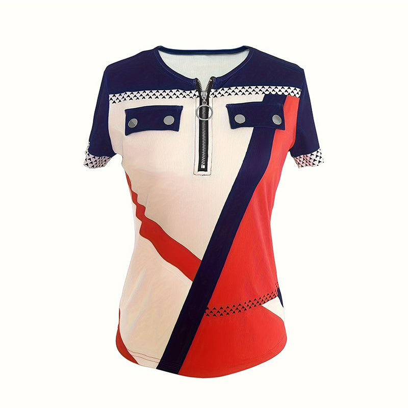 Women's Color Block Zipper T-Shirt - Casual Short Sleeve Summer Top Asymmetric solid Color Casual T shirt With Zipper