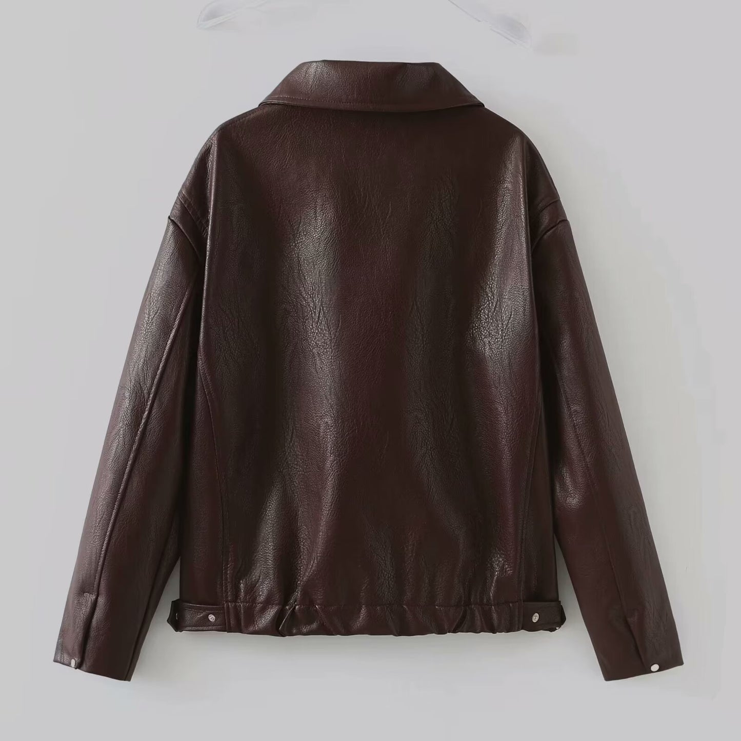 Lapel Zipper Leather Jacket - Fashion Casual Long Sleeve Leather Coat