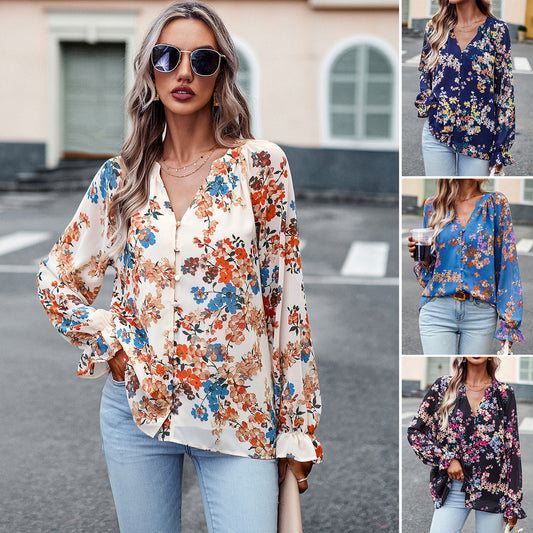 Women Floral Casual V Neck Long Sleeve Shirt - Loose Chiffon Blouses Shirts Tops