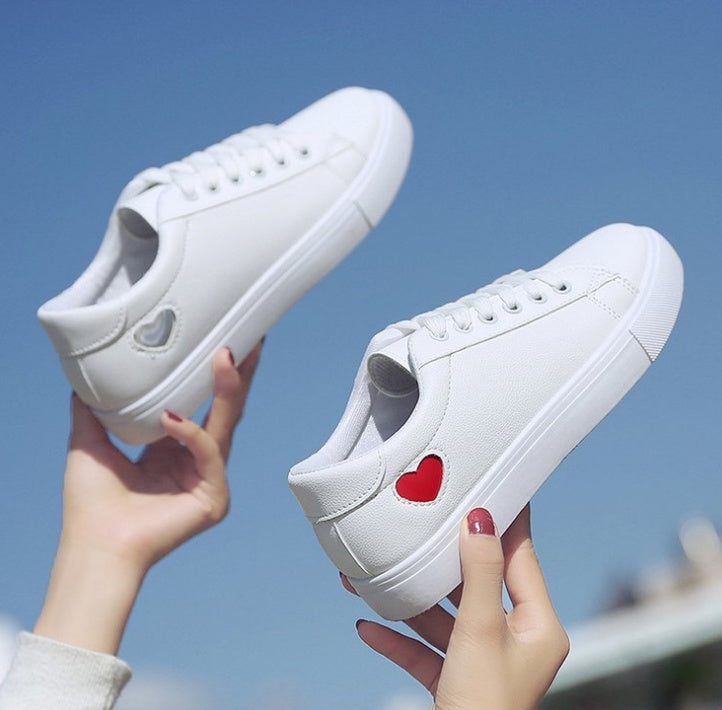 Women Leather Shoes - Ladies Breathable Cute Heart Flats Casual Shoes White Sneakers