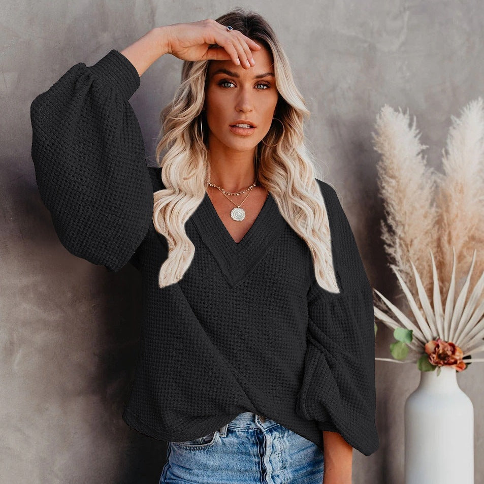 Fashion loose V-neck T-shirt - Lantern Sleeve Top