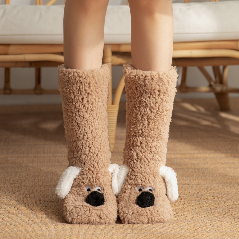Cute Cartoon Dog Floor Socks - Winter Warm Non-slip Plush Socks For Women