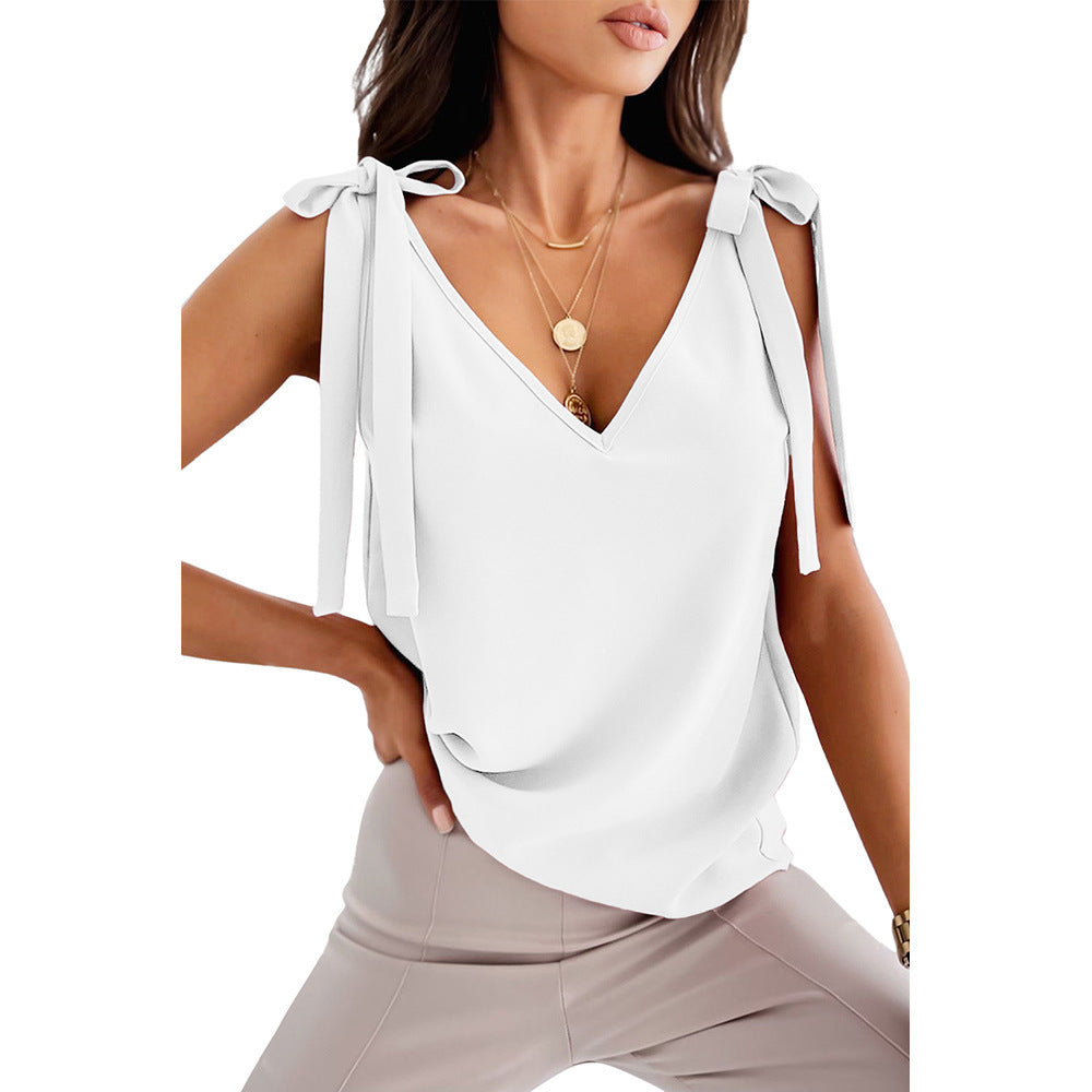 Chic Satin Bowknot Camisole – Effortless Elegance for Every Occasion ✨ Bowknot Tie Up Camisole V-neck Shirts Women Summer Sleeveless Tank Tops - JumoShop