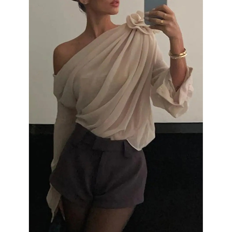 Women's Off Shoulder Tops - Elegant Long Sleeve Asymmetrical Neck Ruched Chiffon Blouse Shirts Going Out Top Y2k Shirts