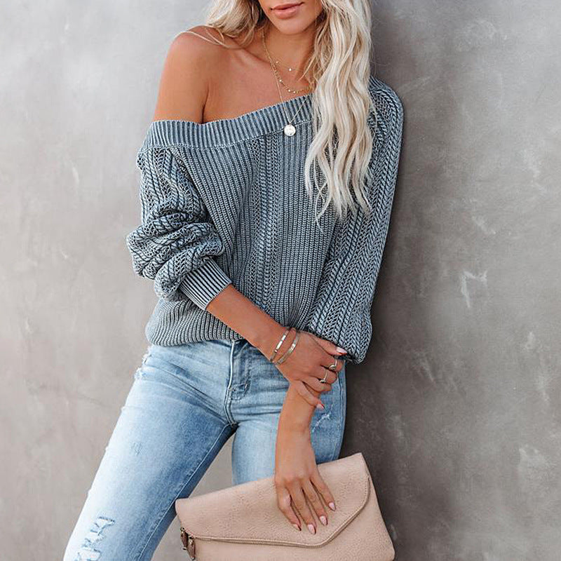 Solid Color Loose V-neck Lantern Long Sleeve Sweater