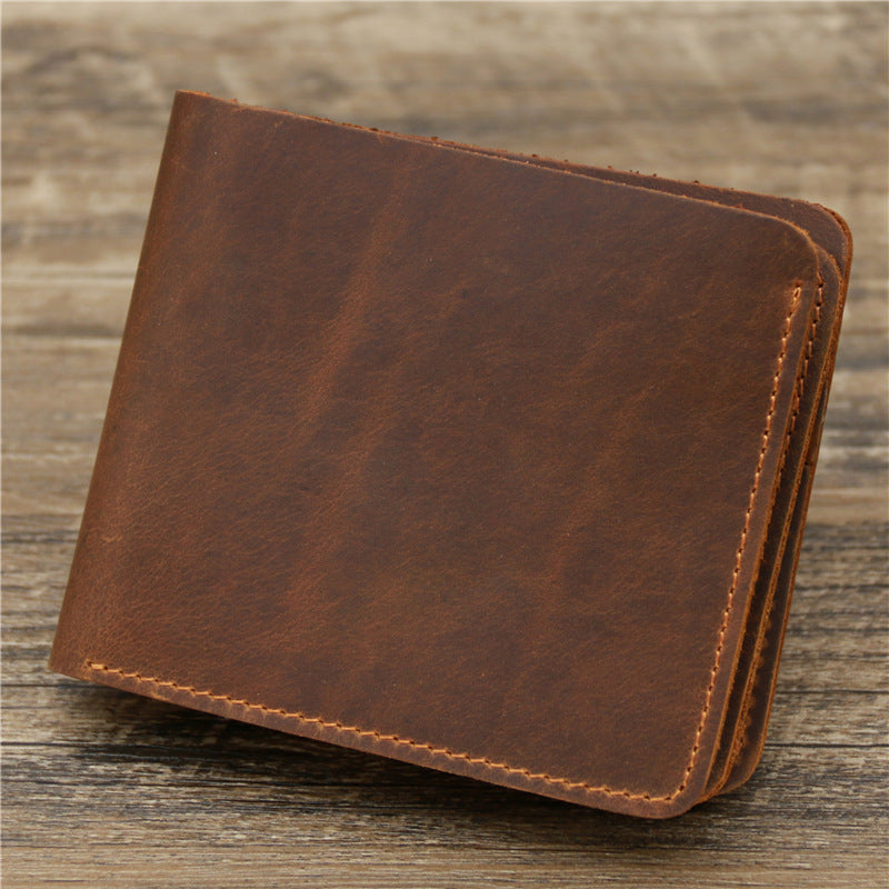 Men's Leather Wallet - Retro Rough Tri-fold First Layer Cowhide