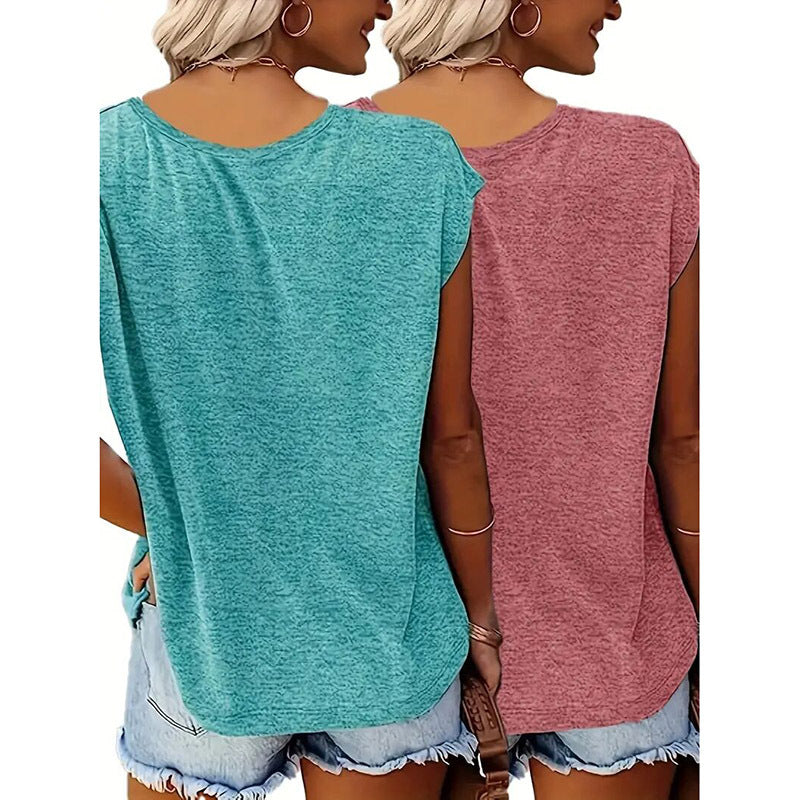 2-Pack Women's V-Neck T-Shirts Floral & Heart Print, Soft Breathable Summer Tops, Casual Streetwear