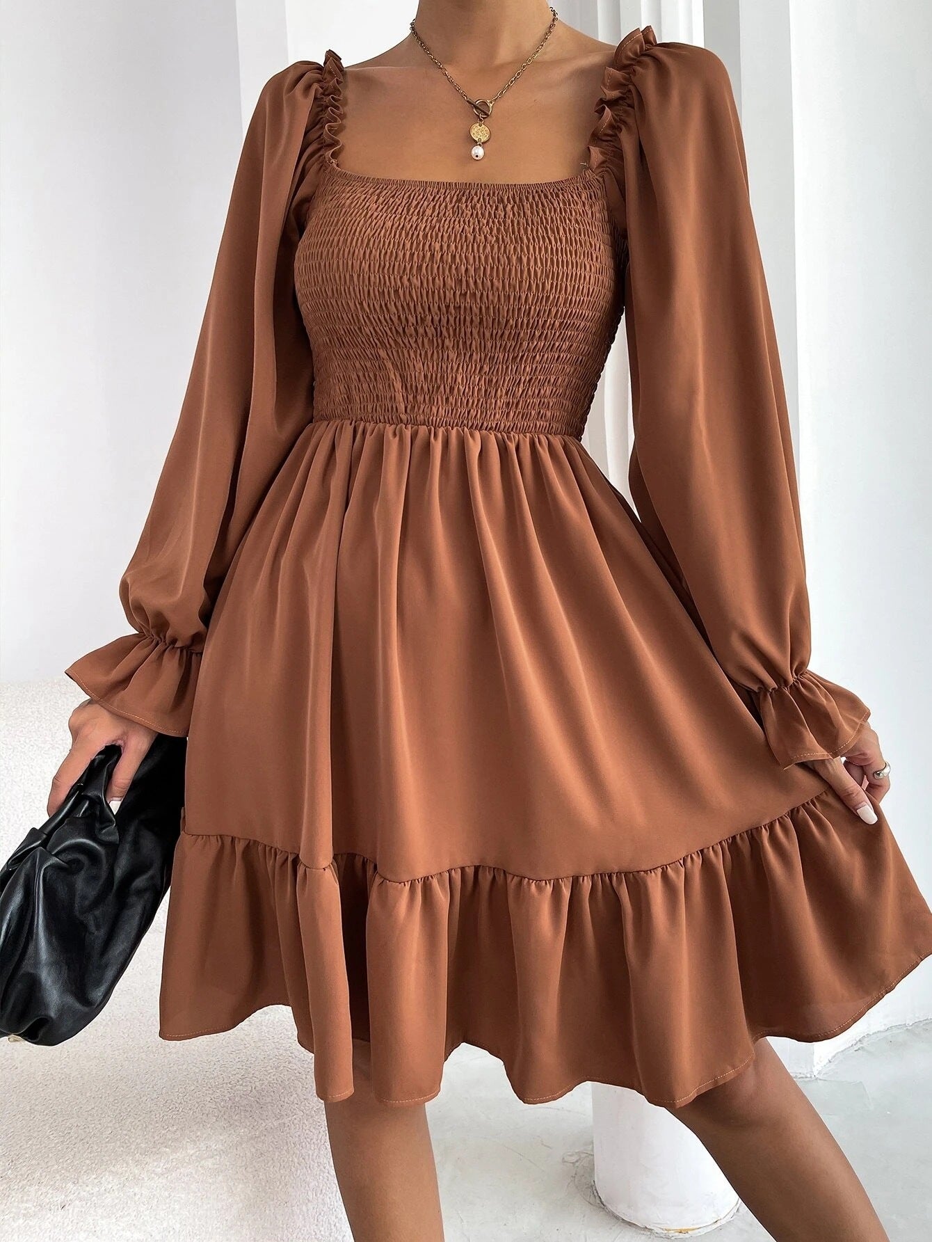 Flared Long Sleeve Dresses - Women Square Neck Ruffled Swing Dress