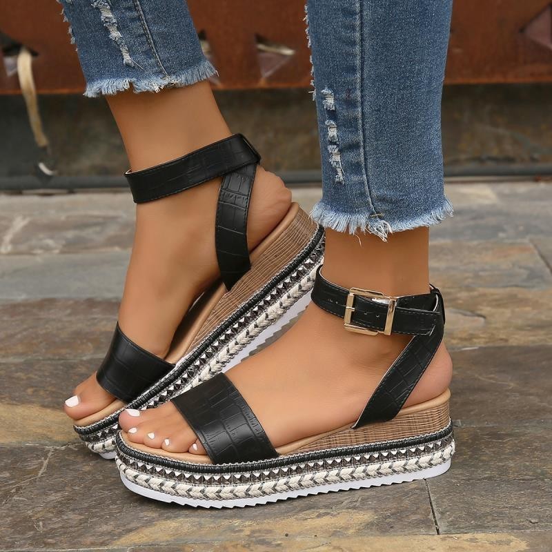 Summer Sandals Buckle Strap - Hemp Wedges Platform Peep Toe Shoes Women