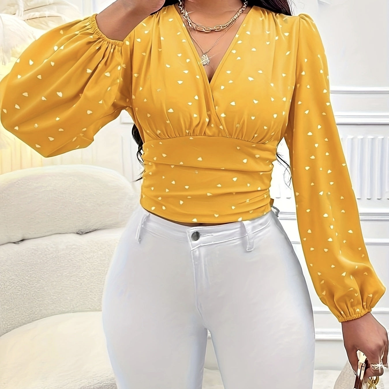 Ladies' Fashionable And Elegant Solid Color Polka Dot Long Sleeved Shirt Top