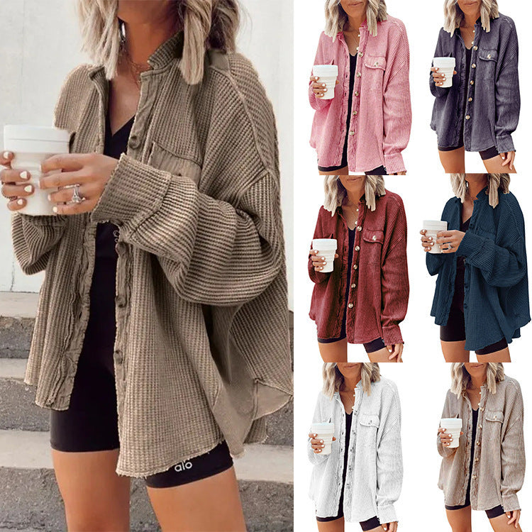 Women Button Shirt Jacket - Lapel Long Sleeve Fashion Jacket