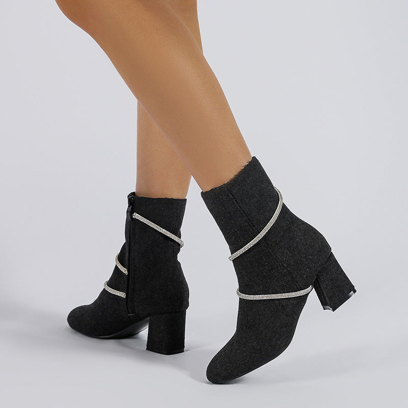 Chunky Mid-Heel Boots With Rhinestone Chain Design For Women