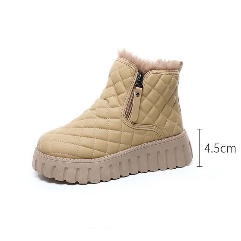 Women's Plaid Pattern Platform Ankle Boots - Casual Side Zipper Plush Lined Snow Boots Winter Comfortable Short Boots