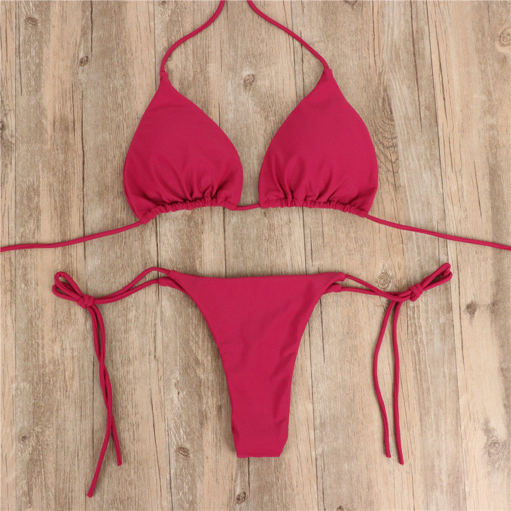 2pcs Halterneck Lace-up Bikini - Women Summer Solid Color Sexy Split Strap, Adjustable Swimsuit Suit