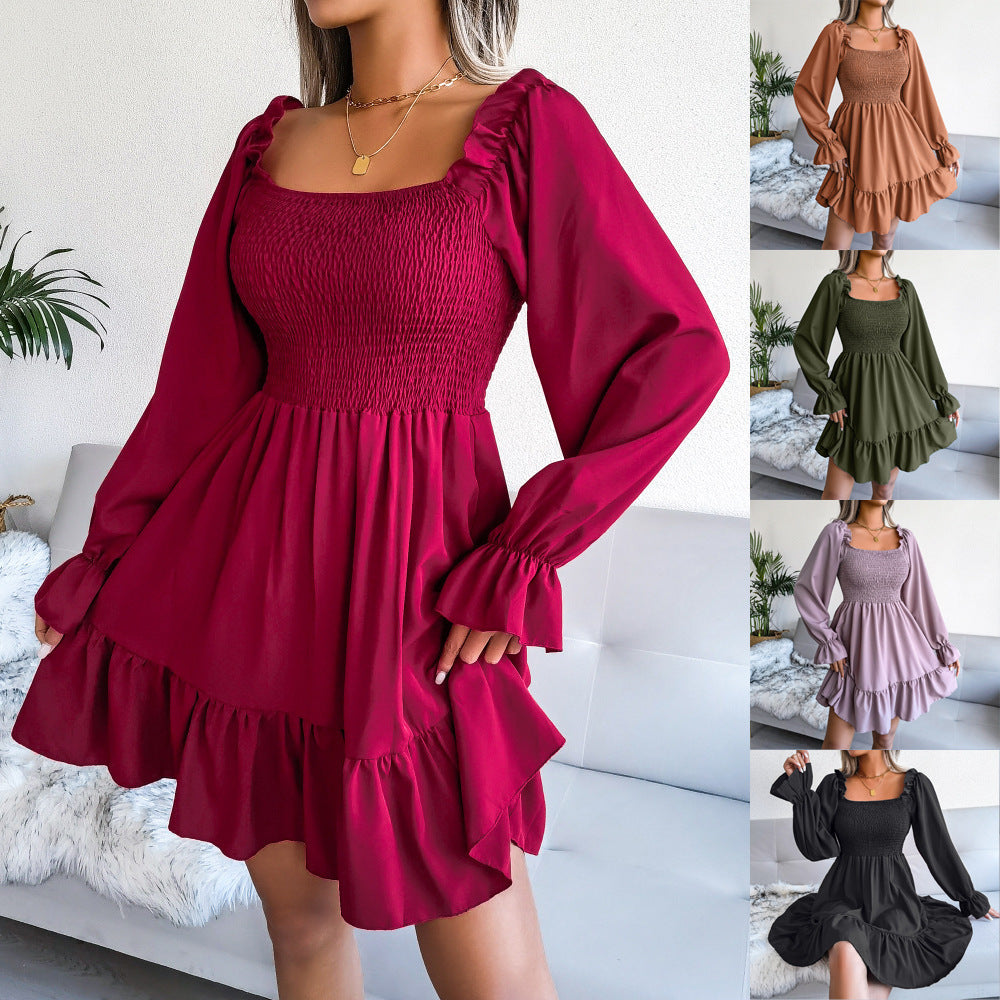Flared Long Sleeve Dresses - Women Square Neck Ruffled Swing Dress